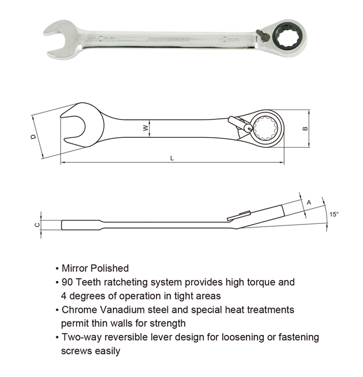 72/90 TEETH REVERSIBLE RATCHETING COMBINATION WRENCH