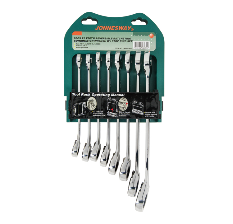 8PCS 72 TEETH REVERSIBLE  RATCHETING  COMBINATION WRENCH W/STOP RING SET(MM)